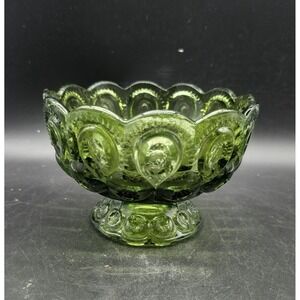 LE Smith Moon and Star Green Glass Compote Footed Candy Dish Vintage MCM Bowl